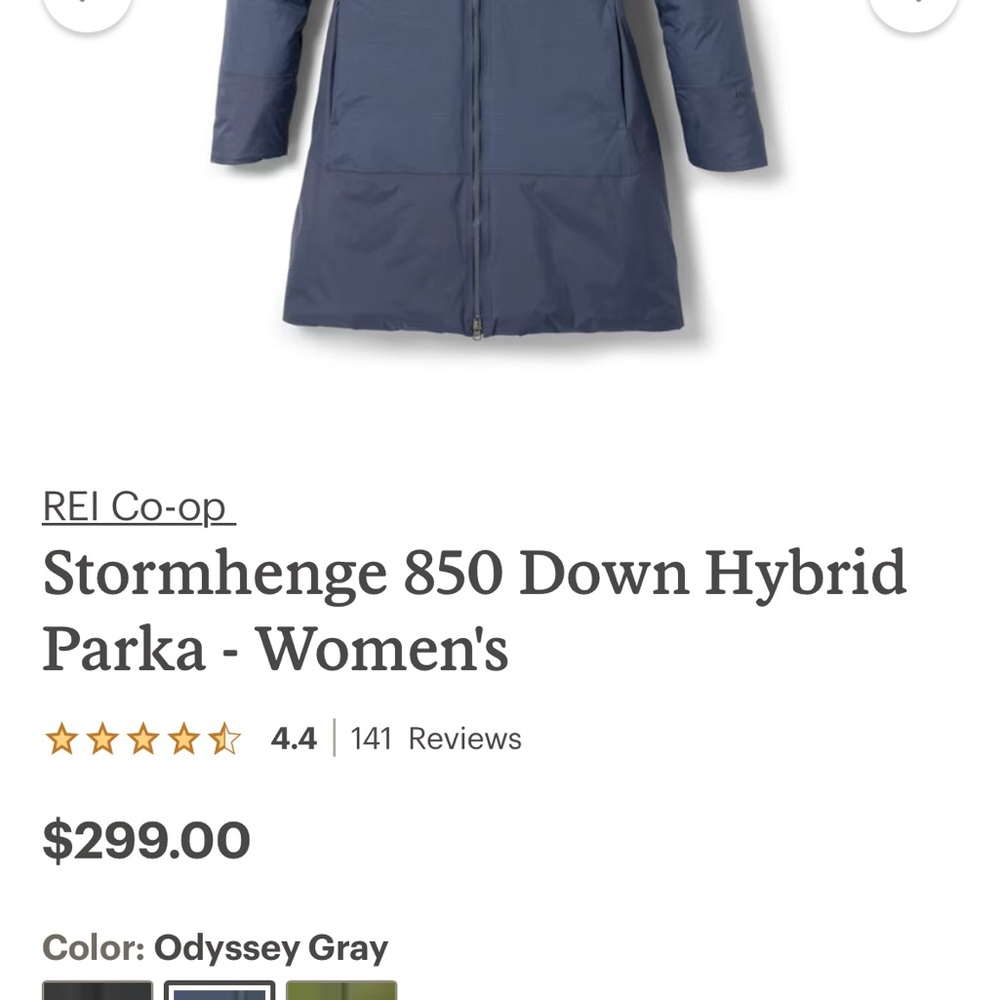 REI Blue and Gray Puffer Jacket with Hood and Full-Length Zipper